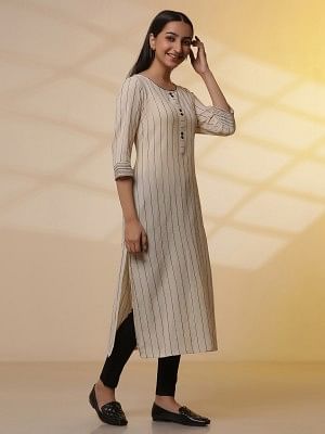 Beige Yarn-Dyed Striped Crinkled Kurta, Tights and Dupatta Set