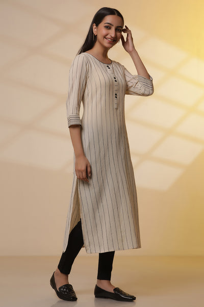 Beige Yarn-Dyed Striped Crinkled Kurta, Tights and Dupatta Set