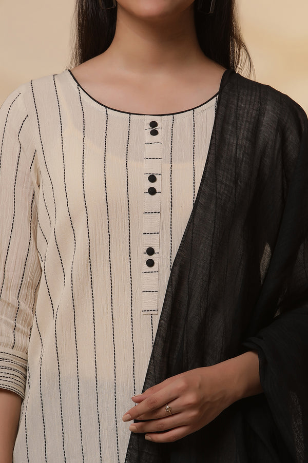 Beige Yarn-Dyed Striped Crinkled Kurta, Tights and Dupatta Set