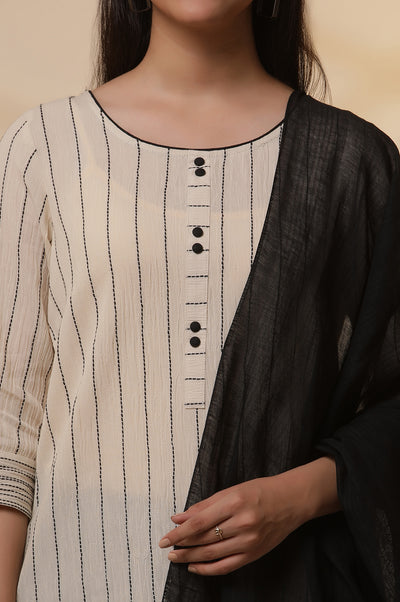 Beige Yarn-Dyed Striped Crinkled Kurta, Tights and Dupatta Set