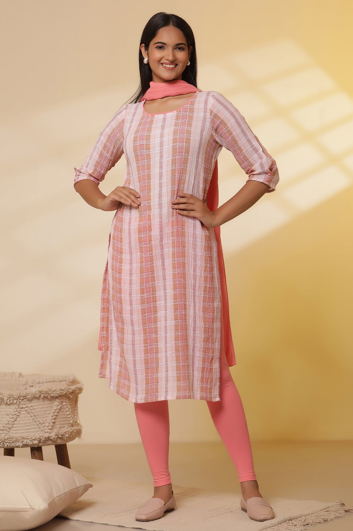 Shell Pink Checker Cotton Kurta, Tights and Dupatta Set - XS