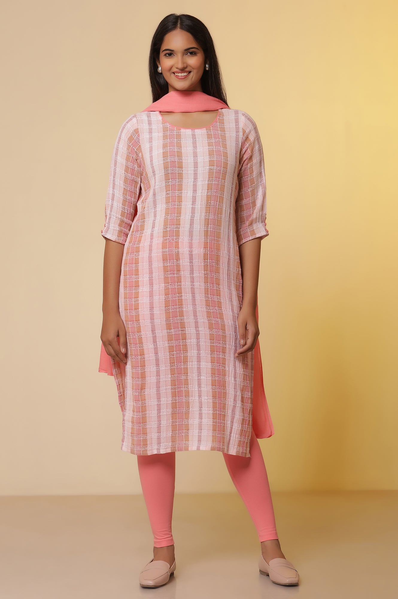 Shell-Pink-Checker-Cotton-Kurta,-Tights-and-Dupatta-Set