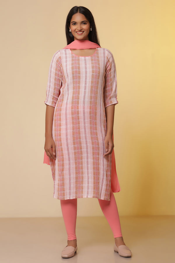 Shell Pink Checker Cotton Kurta, Tights and Dupatta Set