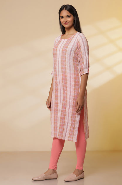 Shell-Pink-Checker-Cotton-Kurta,-Tights-and-Dupatta-Set