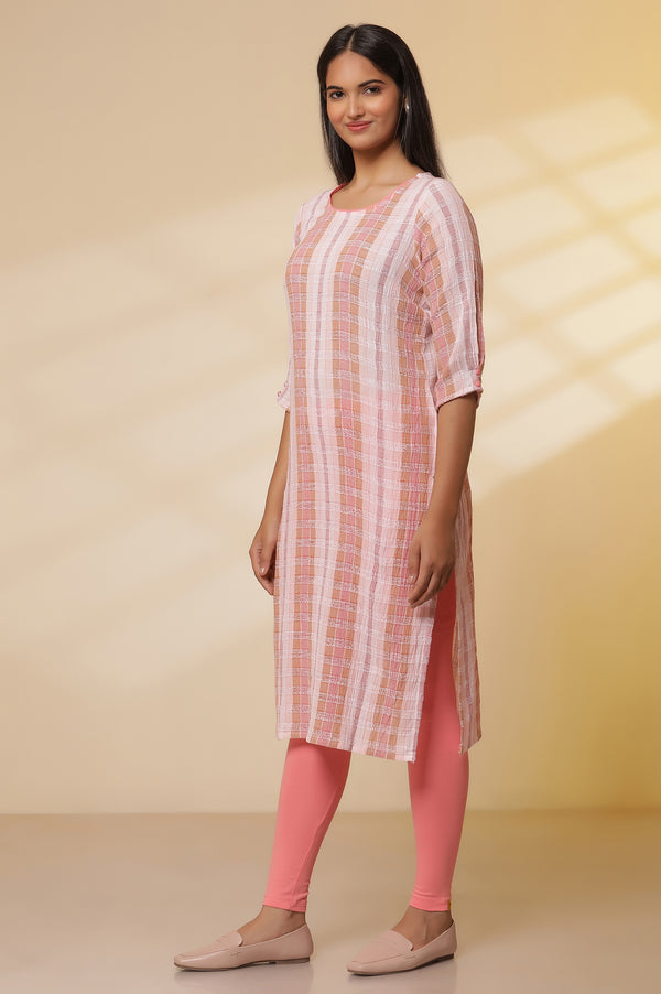 Shell Pink Checker Cotton Kurta, Tights and Dupatta Set