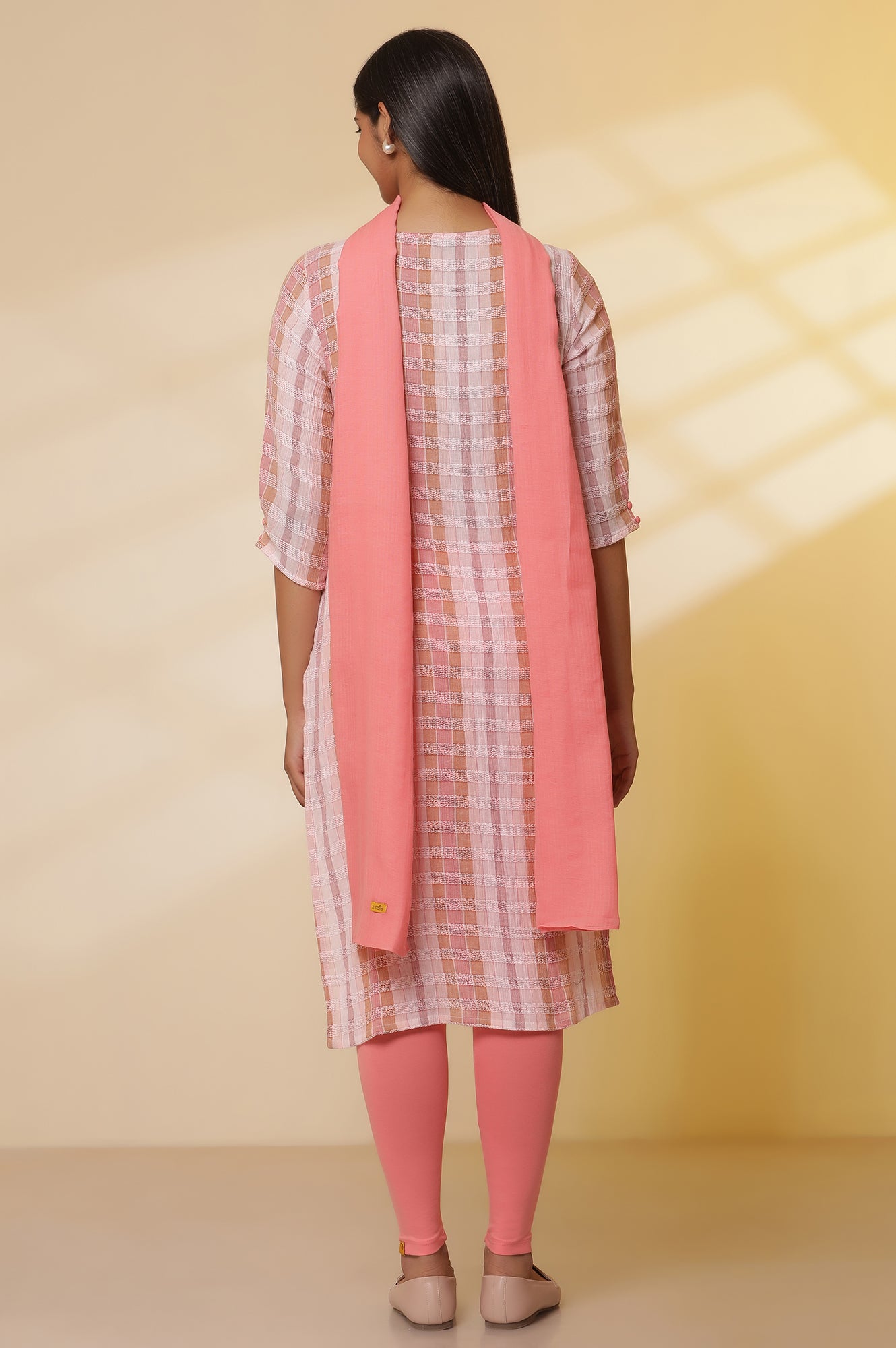 Shell-Pink-Checker-Cotton-Kurta,-Tights-and-Dupatta-Set