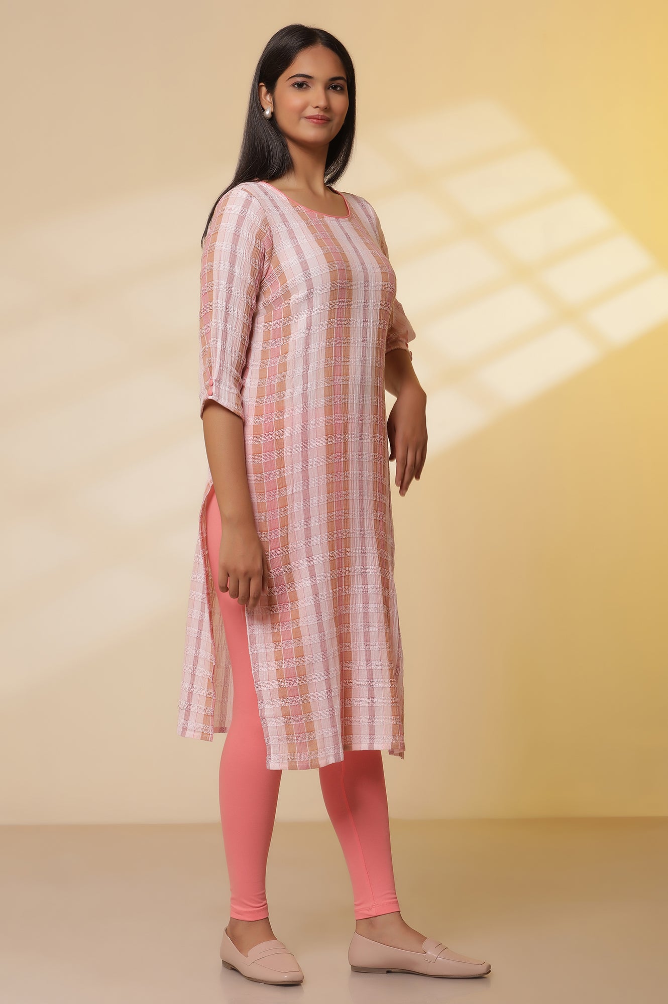 Shell-Pink-Checker-Cotton-Kurta,-Tights-and-Dupatta-Set