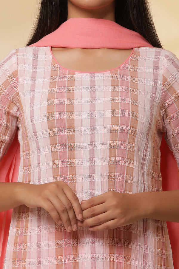 Shell Pink Checker Cotton Kurta, Tights and Dupatta Set