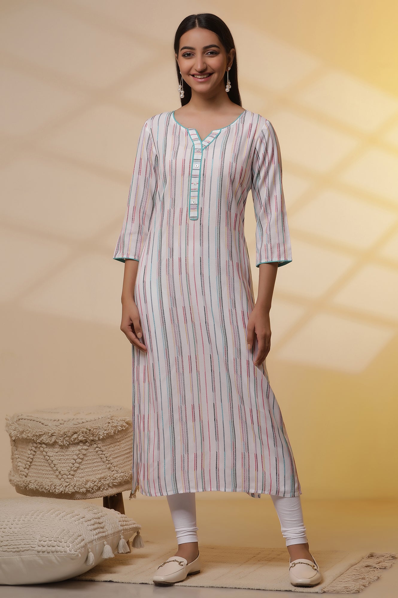 White Yarn-Dyed Striped Kurta and Tights Set