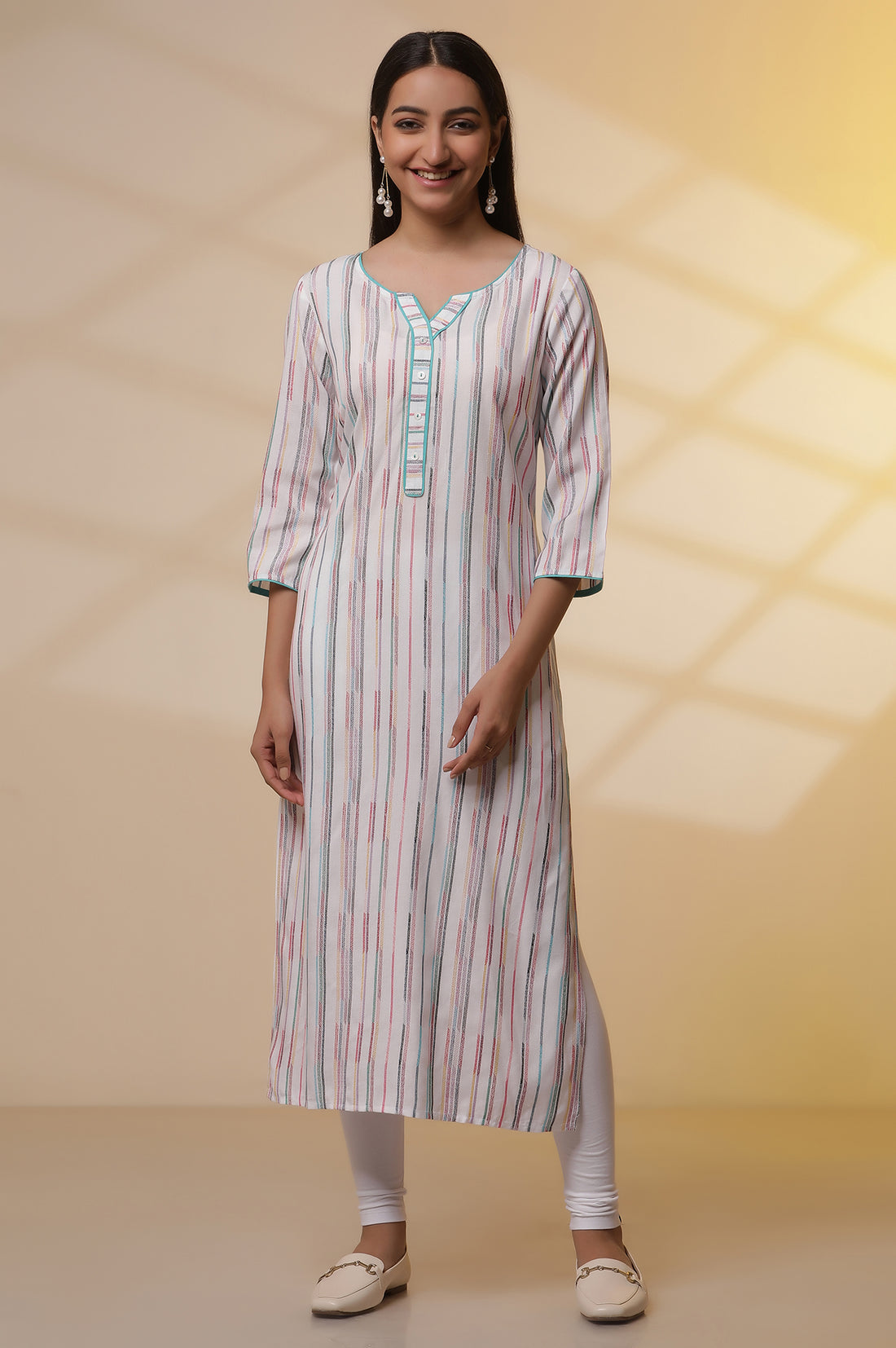 White Yarn-Dyed Striped Kurta and Tights Set