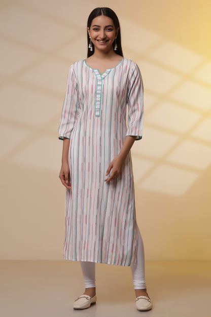 White Yarn-Dyed Striped Kurta and Tights Set