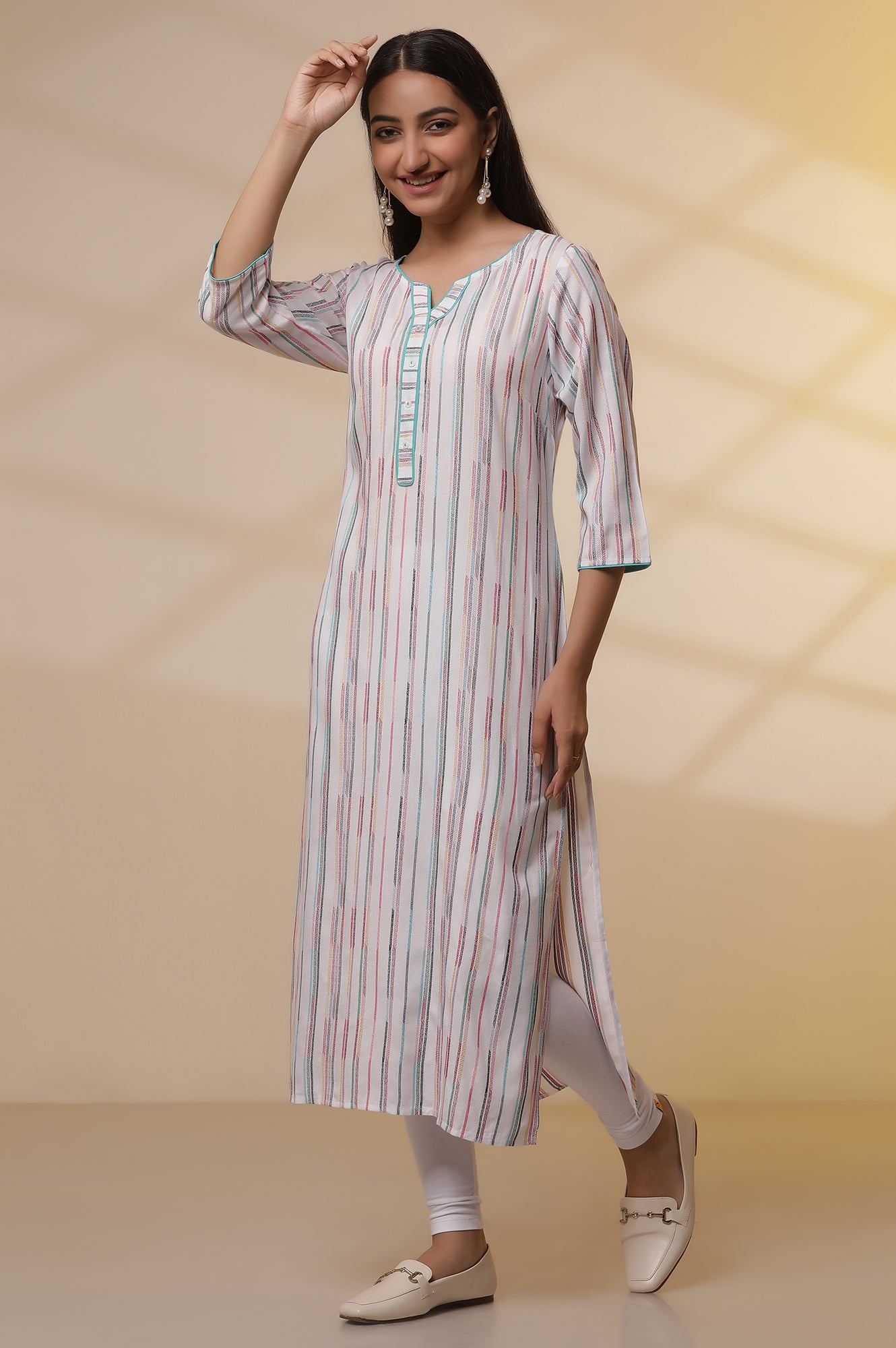 White Yarn-Dyed Striped Kurta and Tights Set