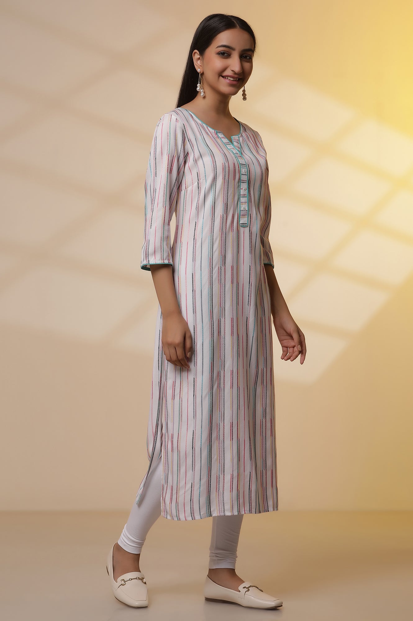 White Yarn-Dyed Striped Kurta and Tights Set