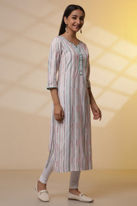 White Yarn-Dyed Striped Kurta and Tights Set