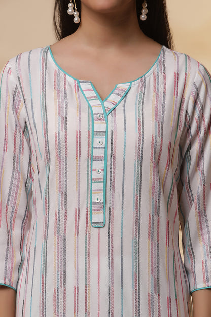 White Yarn-Dyed Striped Kurta and Tights Set