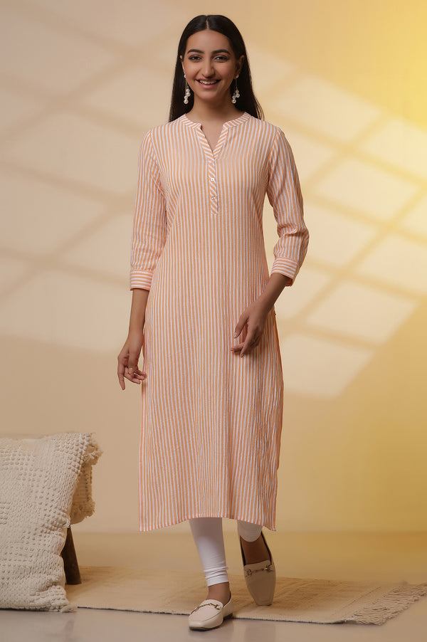 Orange and White Striped Cotton Kurex Kurta and Tight Set