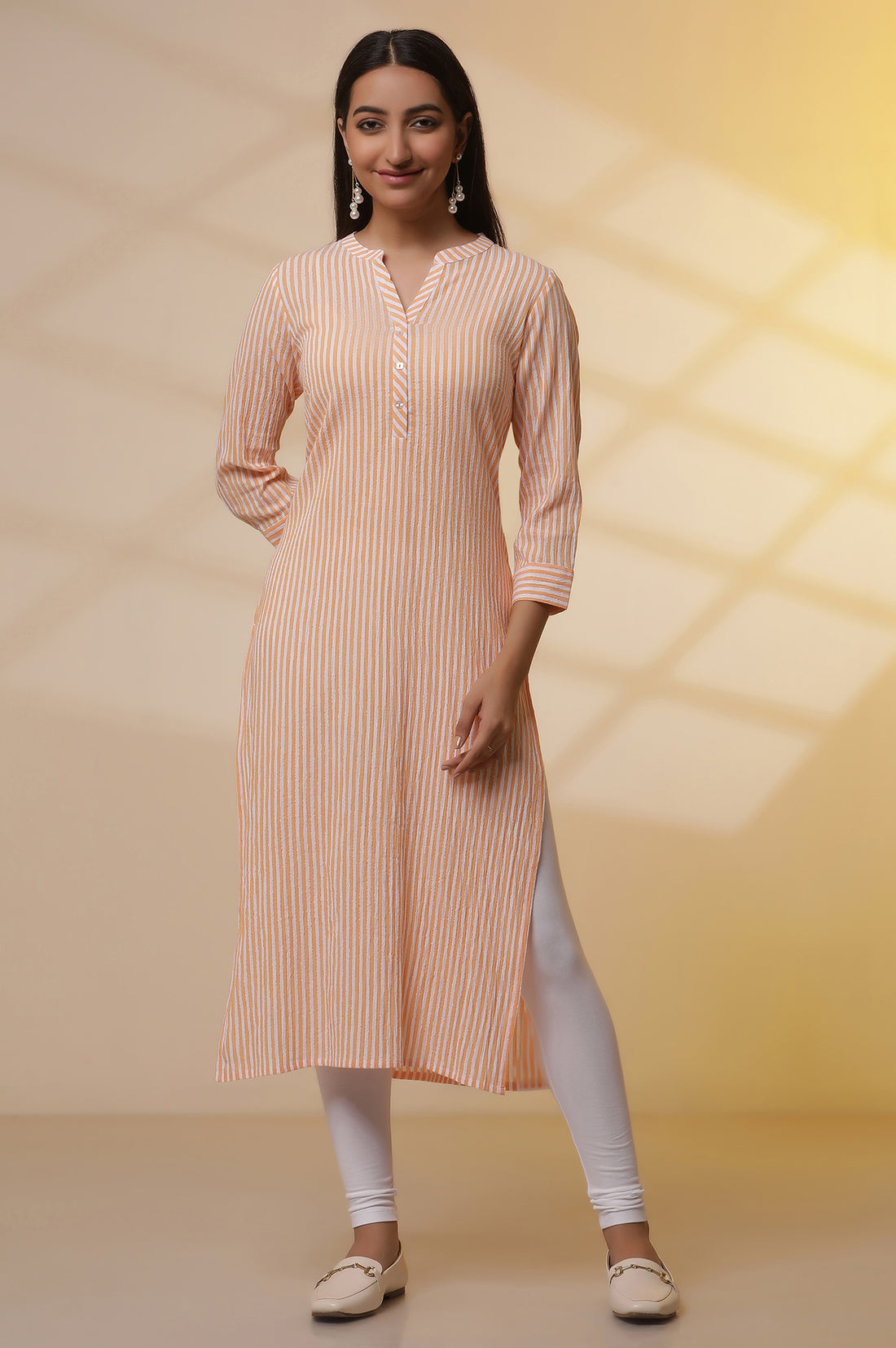 Orange and White Striped Cotton Kurex Kurta and Tight Set