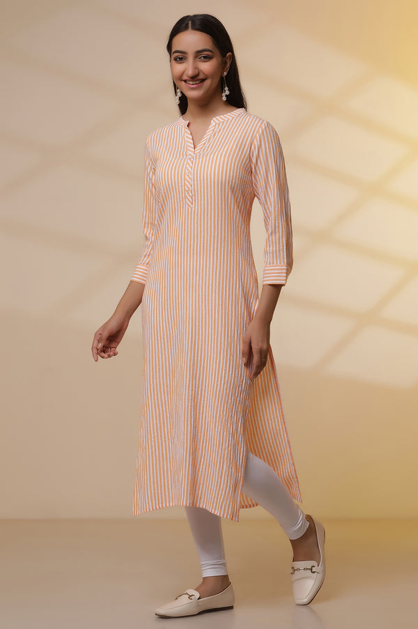 Orange and White Striped Cotton Kurex Kurta and Tight Set