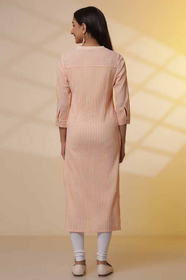 Orange and White Striped Cotton Kurex Kurta and Tight Set