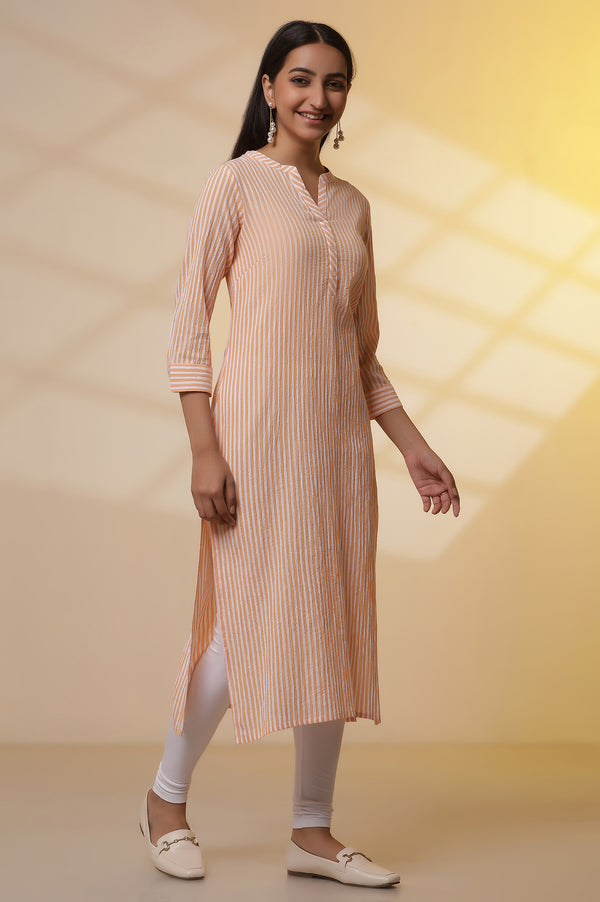 Orange and White Striped Cotton Kurex Kurta and Tight Set