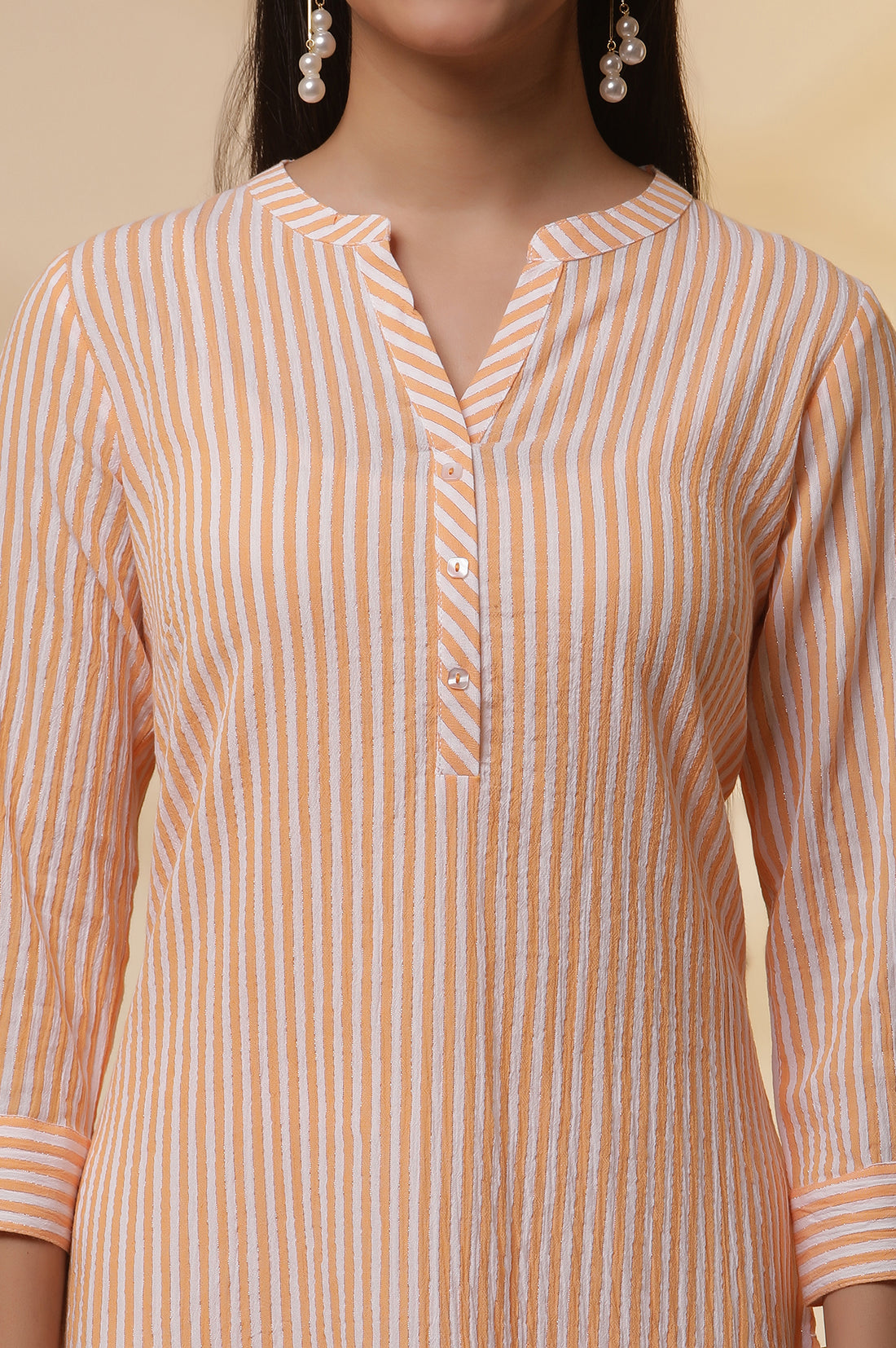 Orange and White Striped Cotton Kurex Kurta and Tight Set