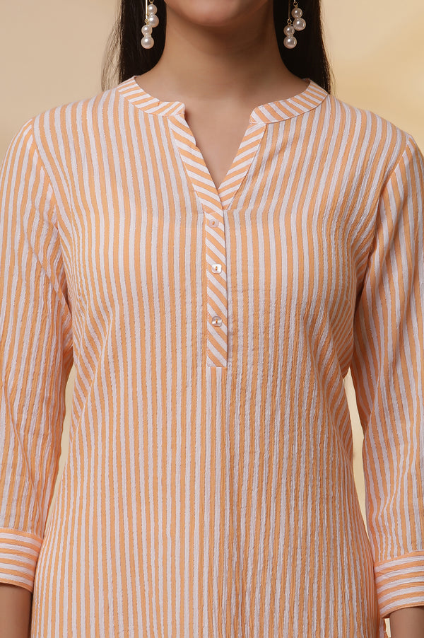 Orange and White Striped Cotton Kurex Kurta and Tight Set
