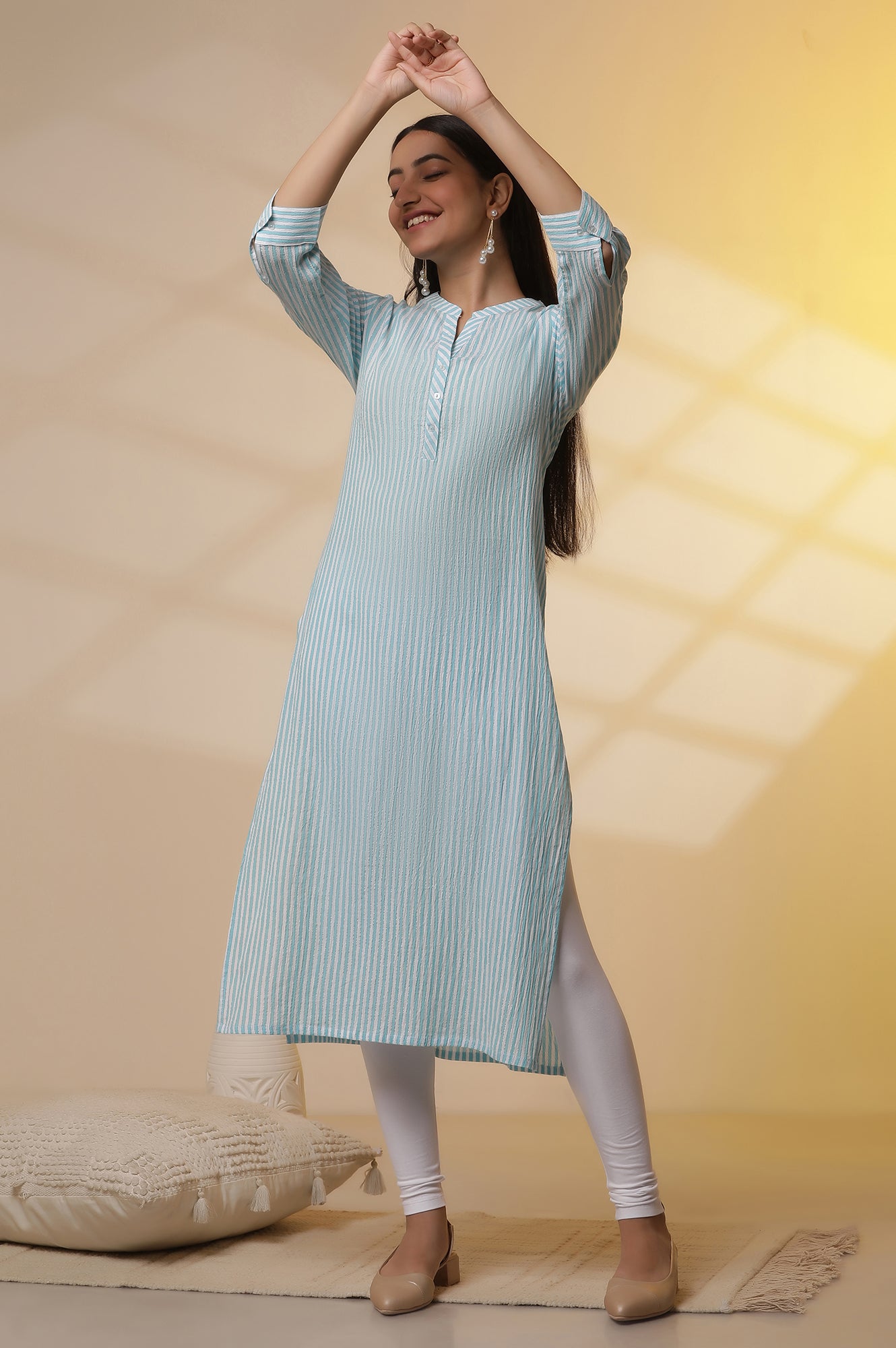 Blue and White Striped Cotton Kurex Kurta and Tight Set