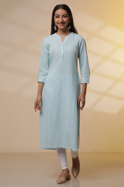 Blue and White Striped Cotton Kurex Kurta and Tight Set