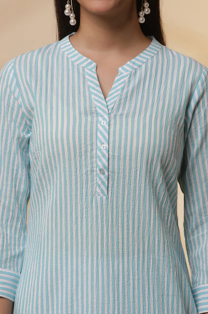 Blue and White Striped Cotton Kurex Kurta and Tight Set