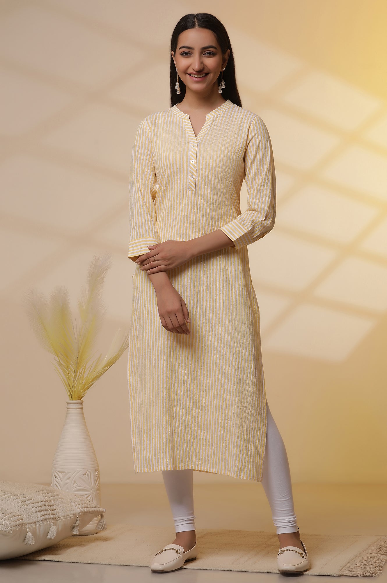 Yellow and White Striped Cotton Kurex Kurta and Tight Set