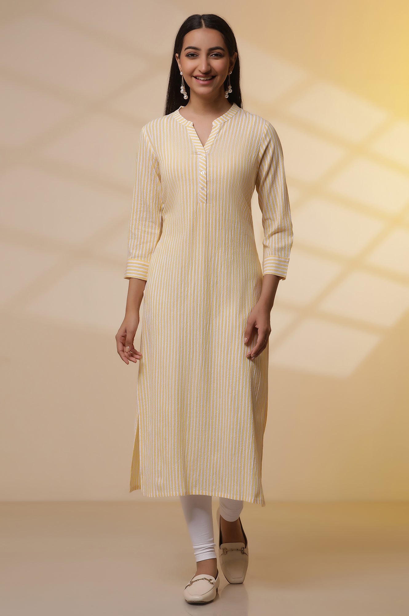 Yellow and White Striped Cotton Kurex Kurta and Tight Set