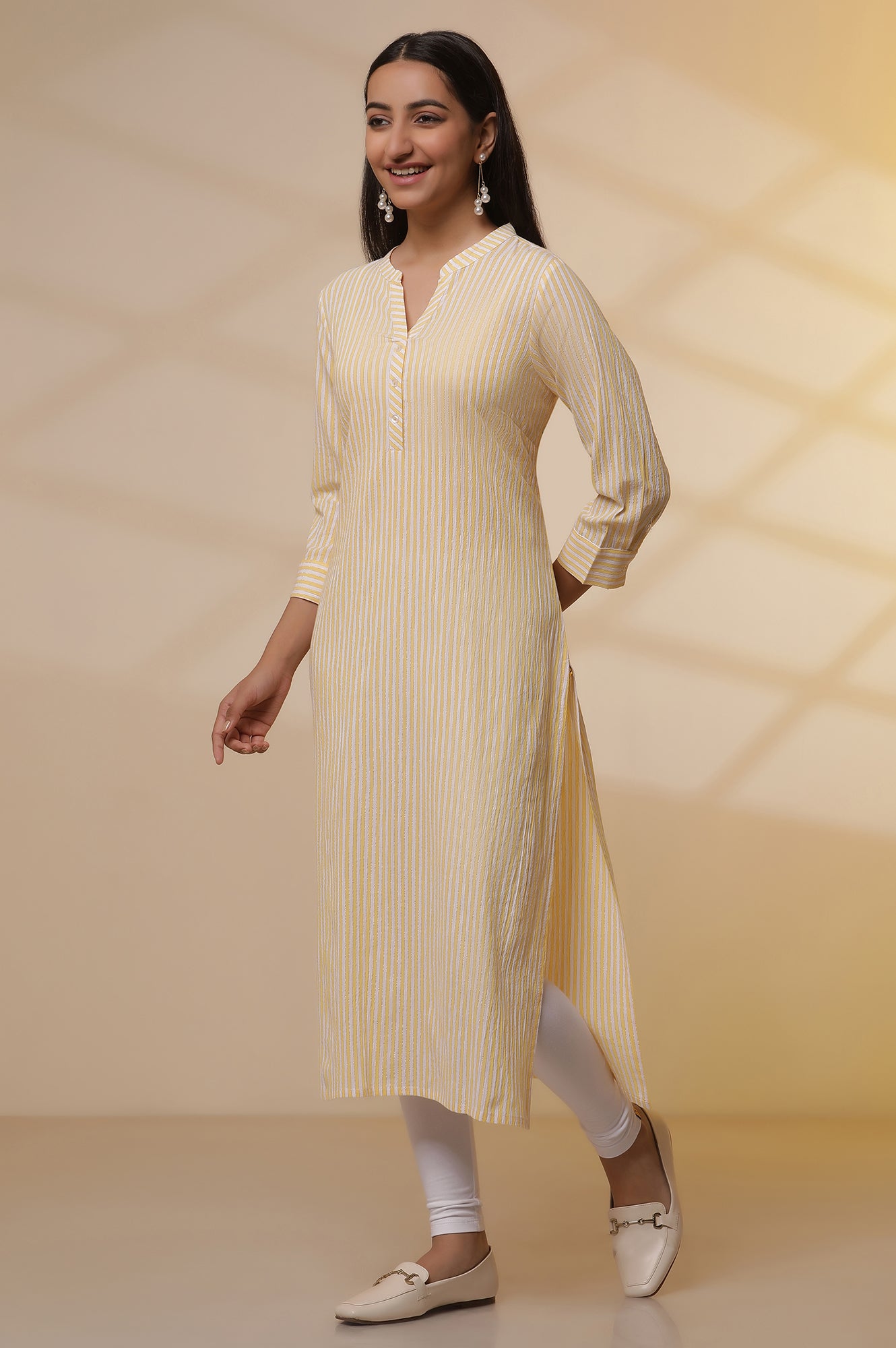 Yellow and White Striped Cotton Kurex Kurta and Tight Set