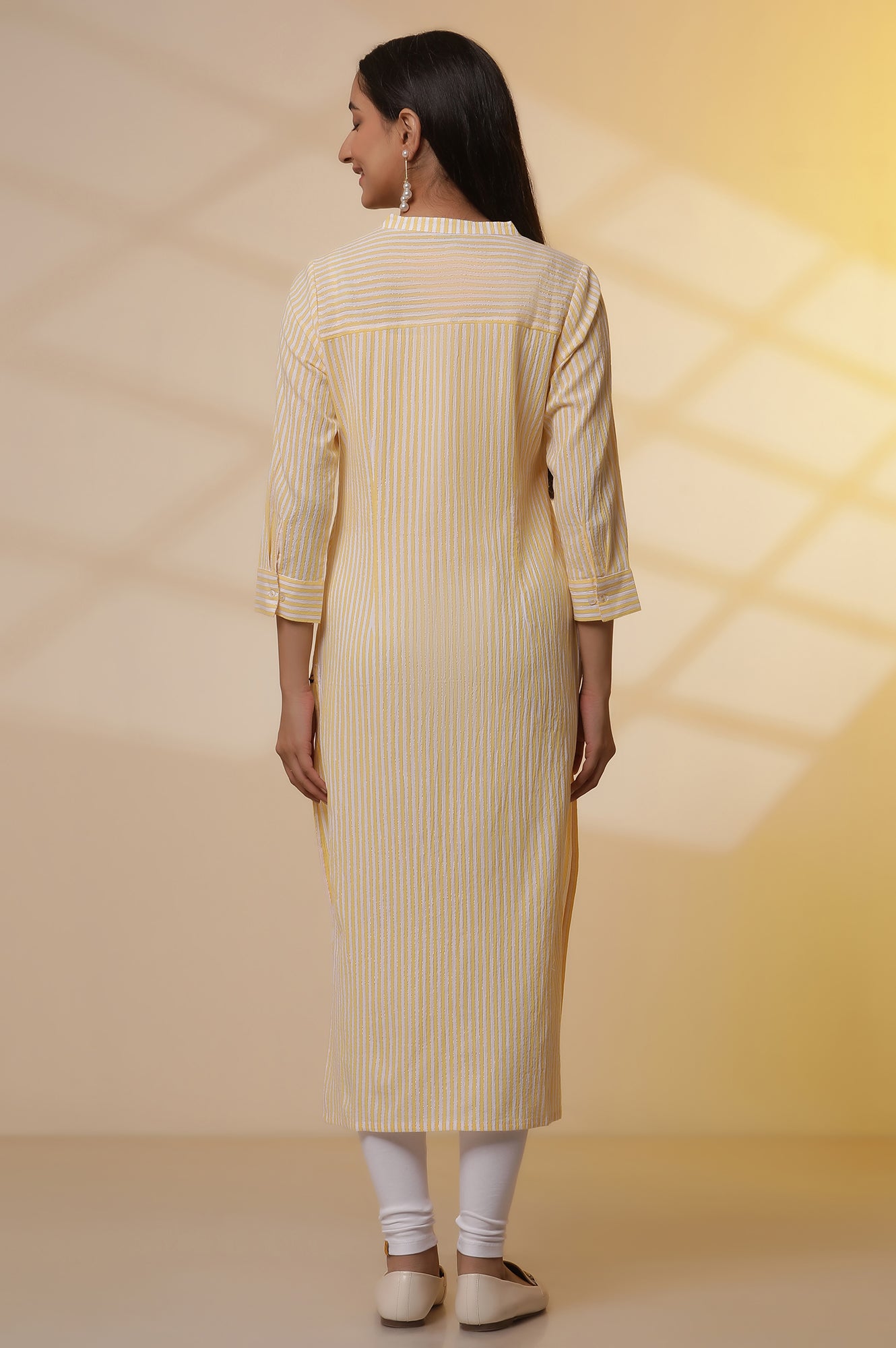 Yellow and White Striped Cotton Kurex Kurta and Tight Set