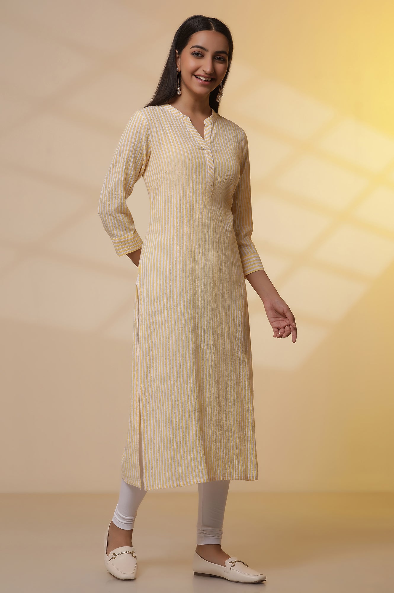 Yellow and White Striped Cotton Kurex Kurta and Tight Set