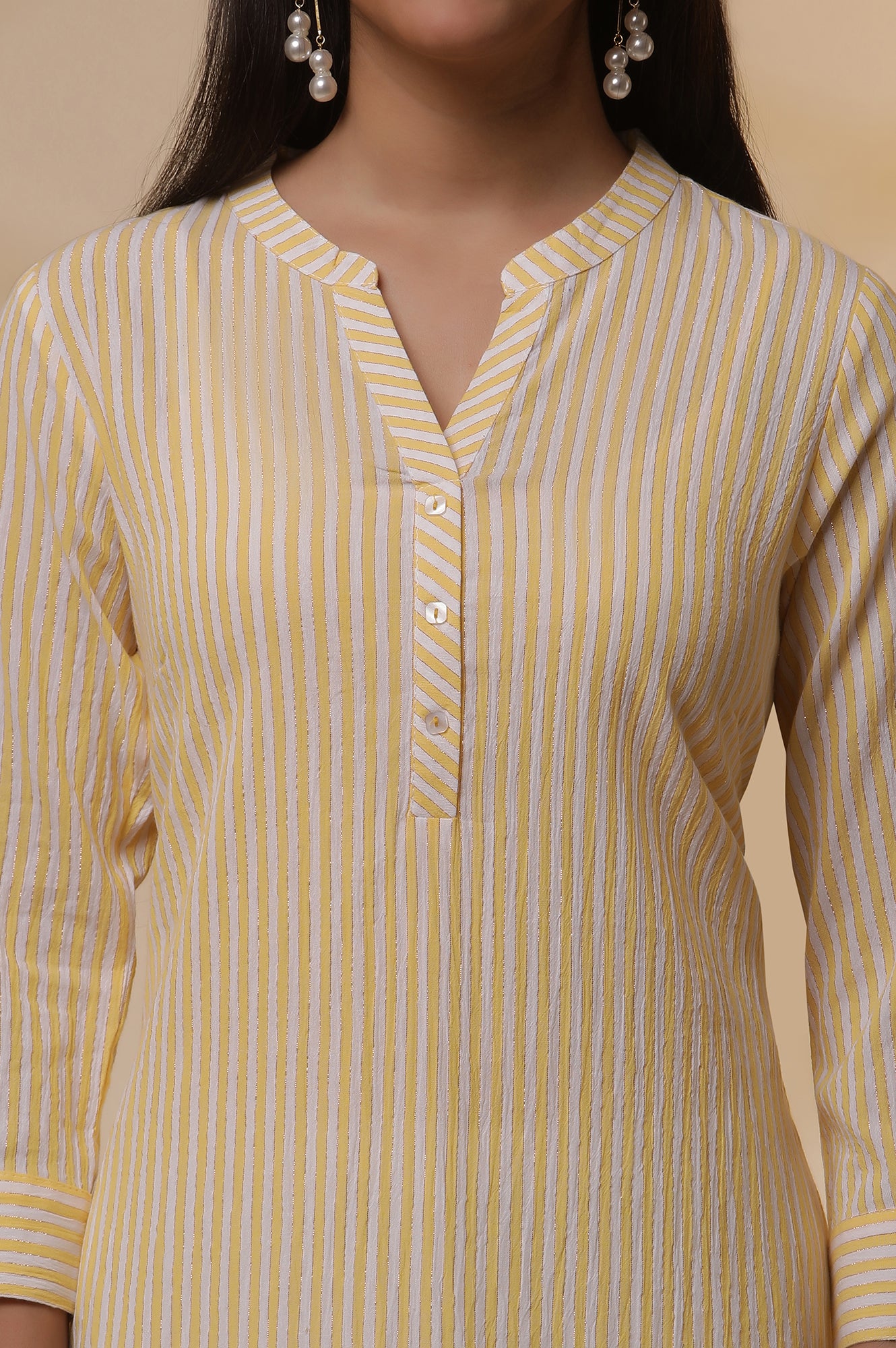 Yellow and White Striped Cotton Kurex Kurta and Tight Set