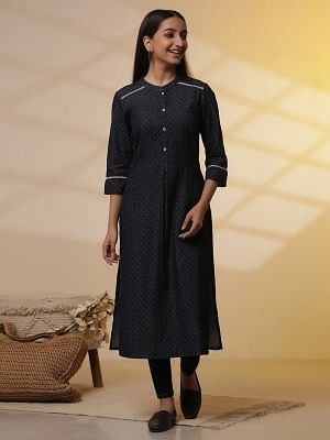 Blue Denim Textured Kurta and Denim Jegging Set