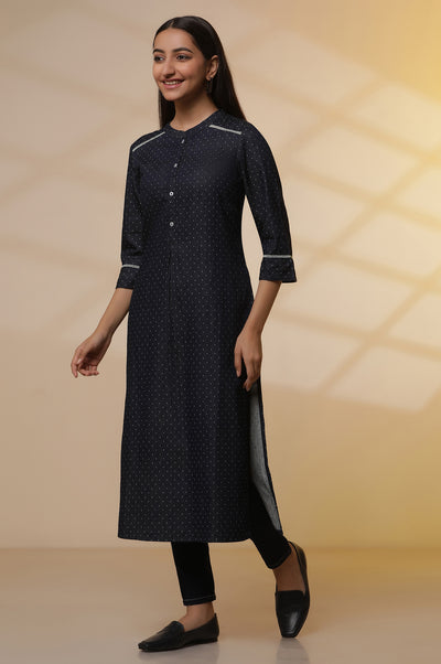 Blue Denim Textured Kurta and Denim Jegging Set