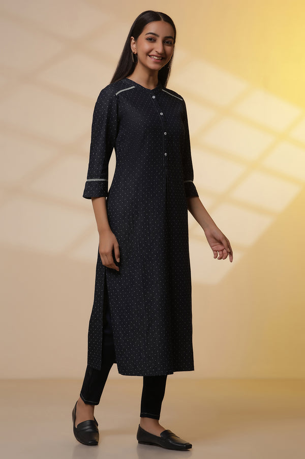 Blue Denim Textured Kurta and Denim Jegging Set