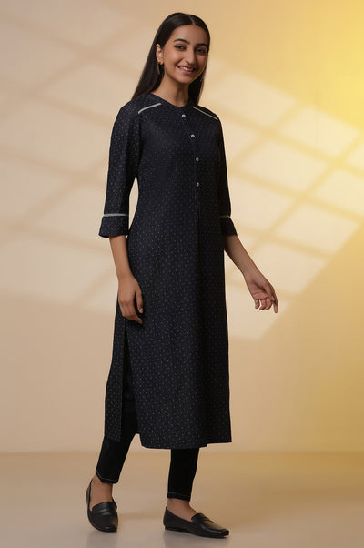 Blue Denim Textured Kurta and Denim Jegging Set