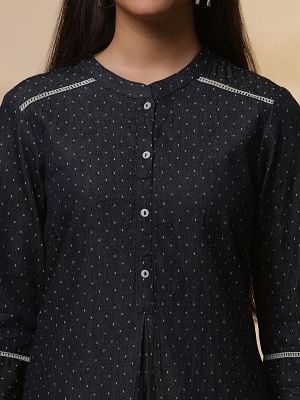 Blue Denim Textured Kurta and Denim Jegging Set