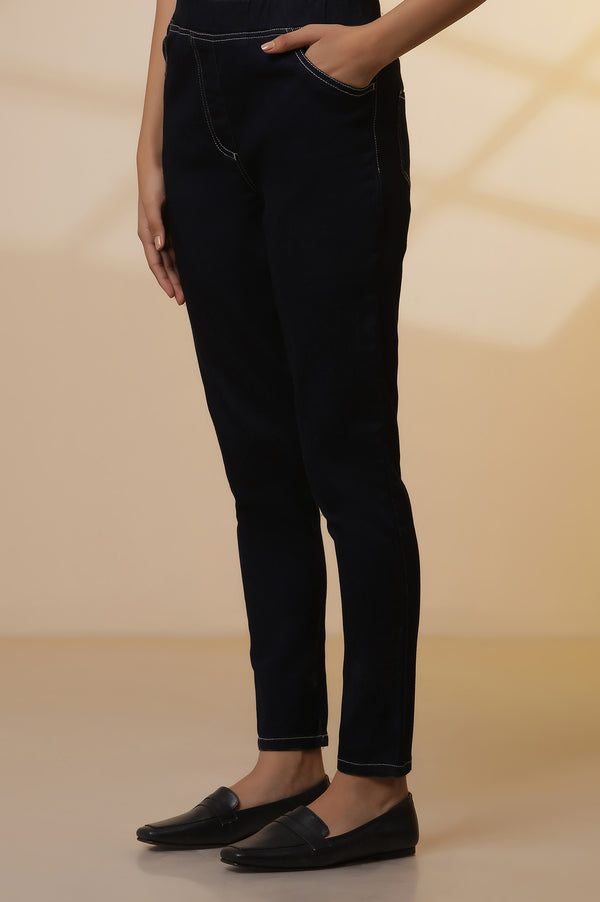 Blue Denim Textured Kurta and Denim Jegging Set