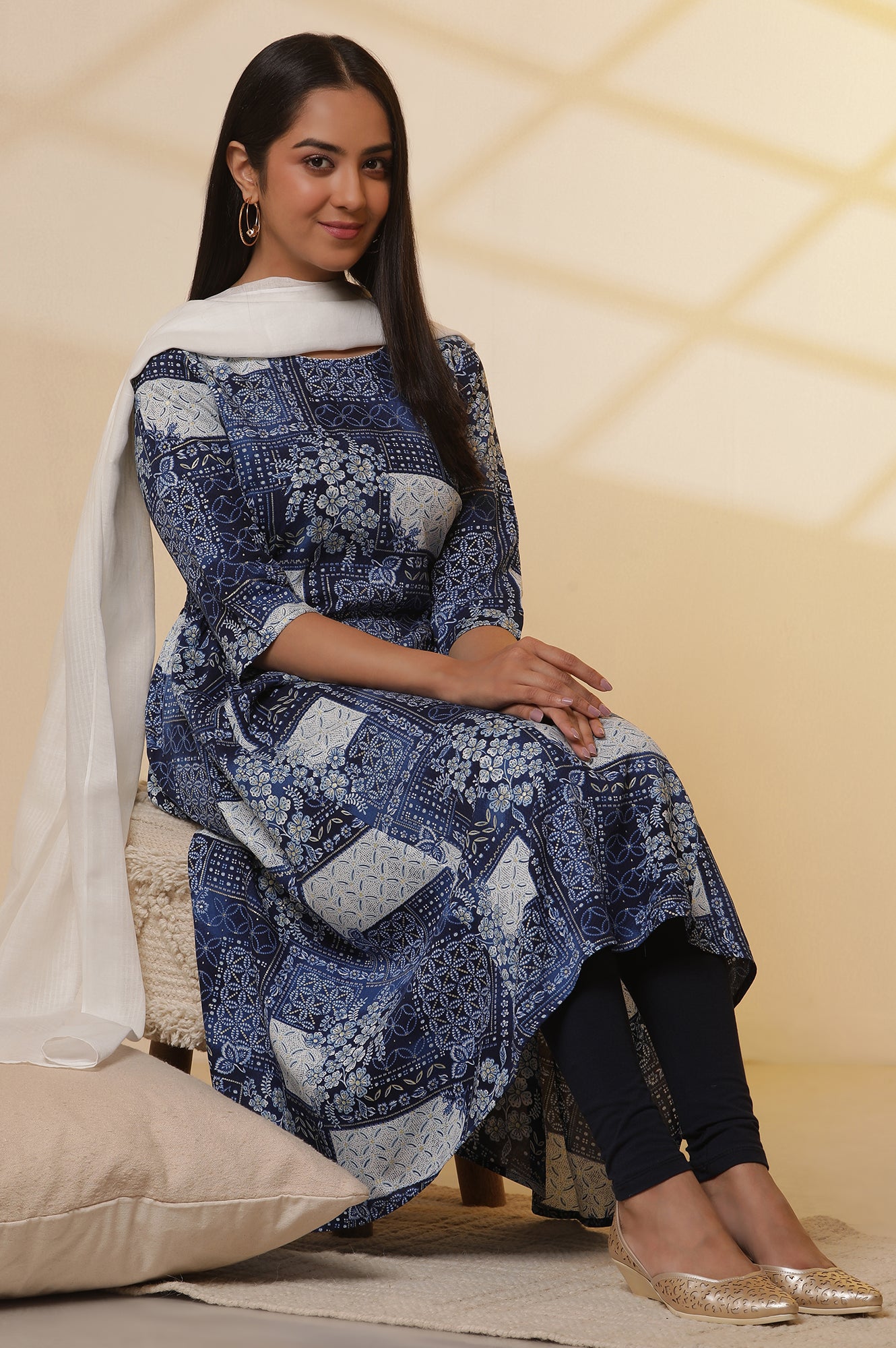 Blue Patch Printed Flared Kurta, Tights and Dupatta Set