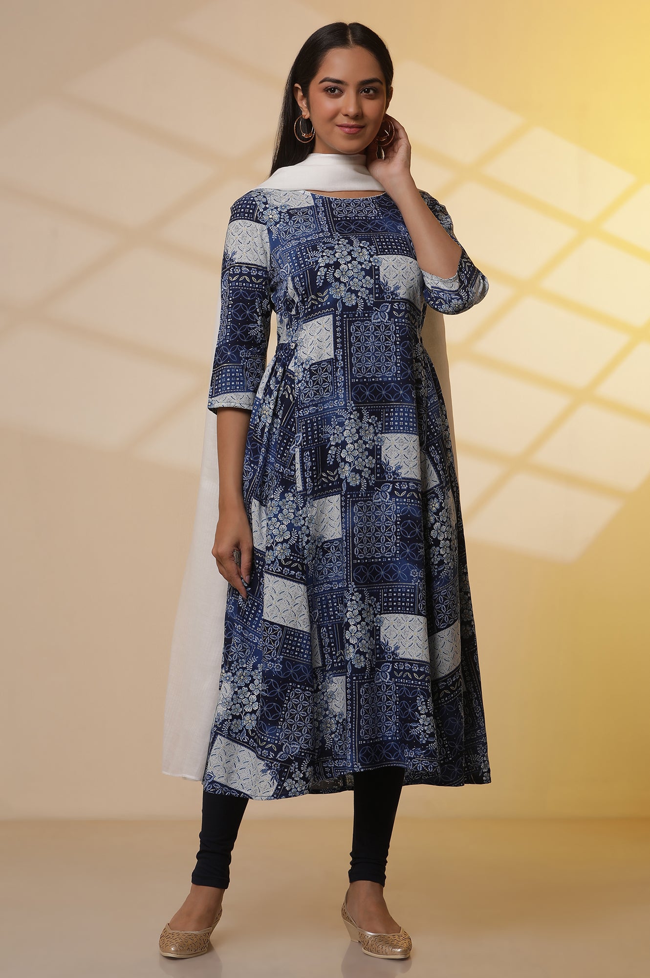 Blue Patch Printed Flared Kurta, Tights and Dupatta Set