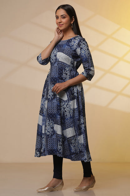 Blue Patch Printed Flared Kurta, Tights and Dupatta Set