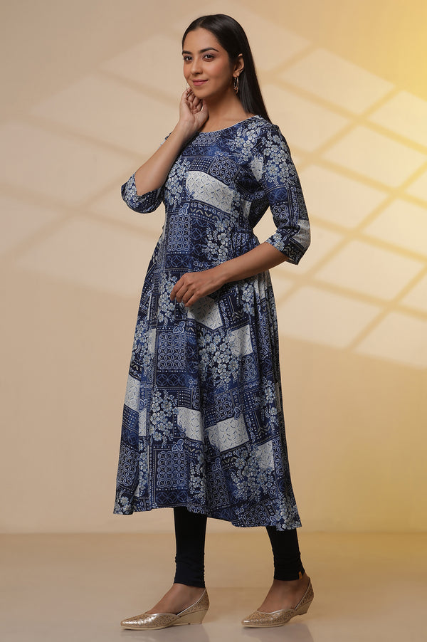 Blue Patch Printed Flared Kurta, Tights and Dupatta Set