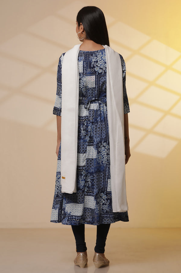Blue Patch Printed Flared Kurta, Tights and Dupatta Set