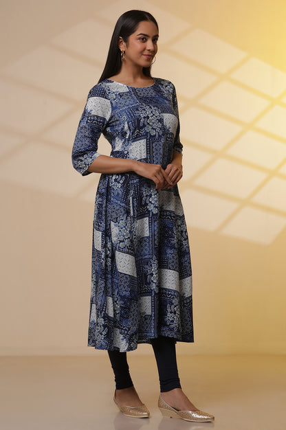 Blue Patch Printed Flared Kurta, Tights and Dupatta Set