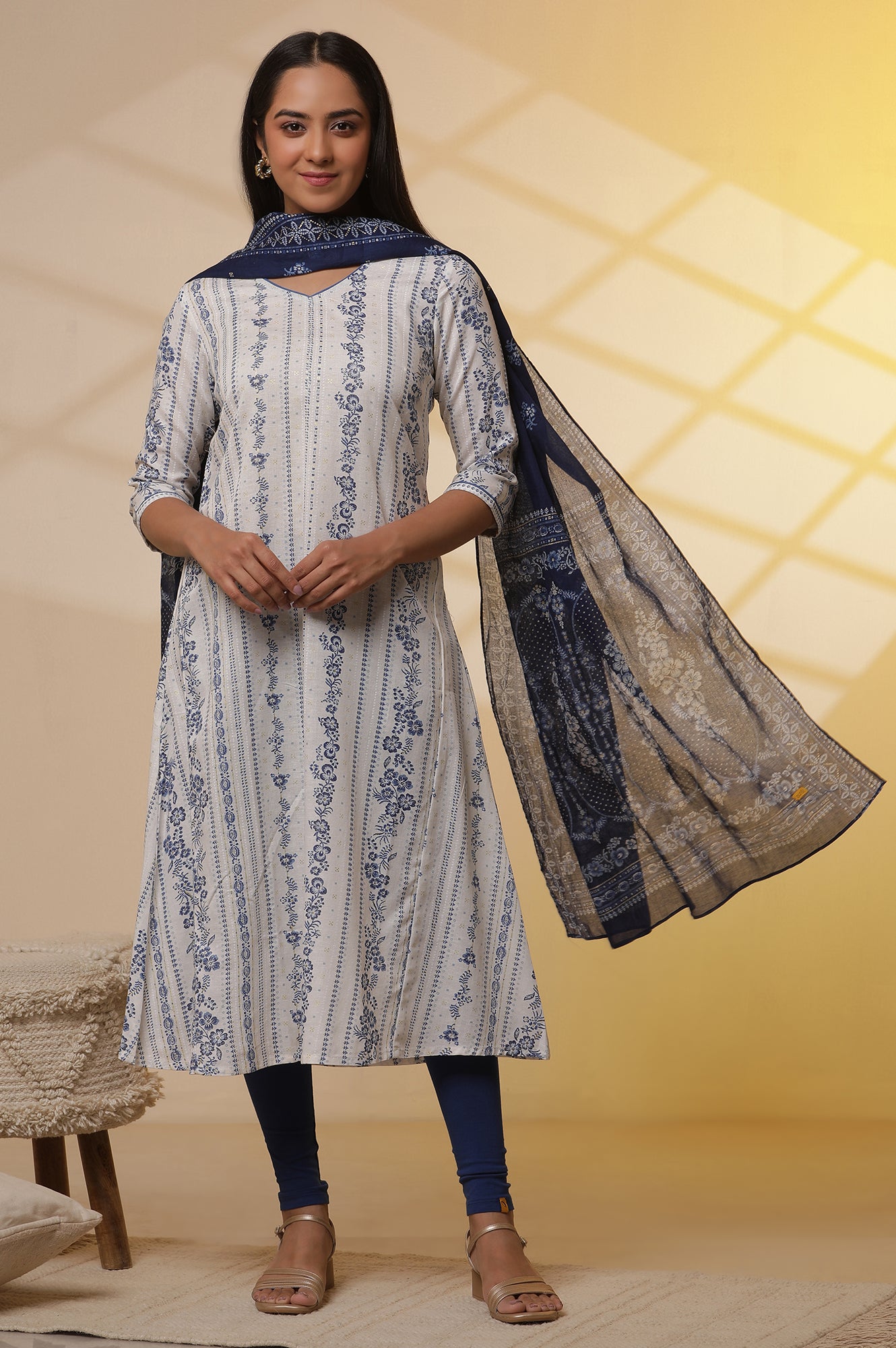 White Printed A-line Kurta, Tights and Dupatta Set