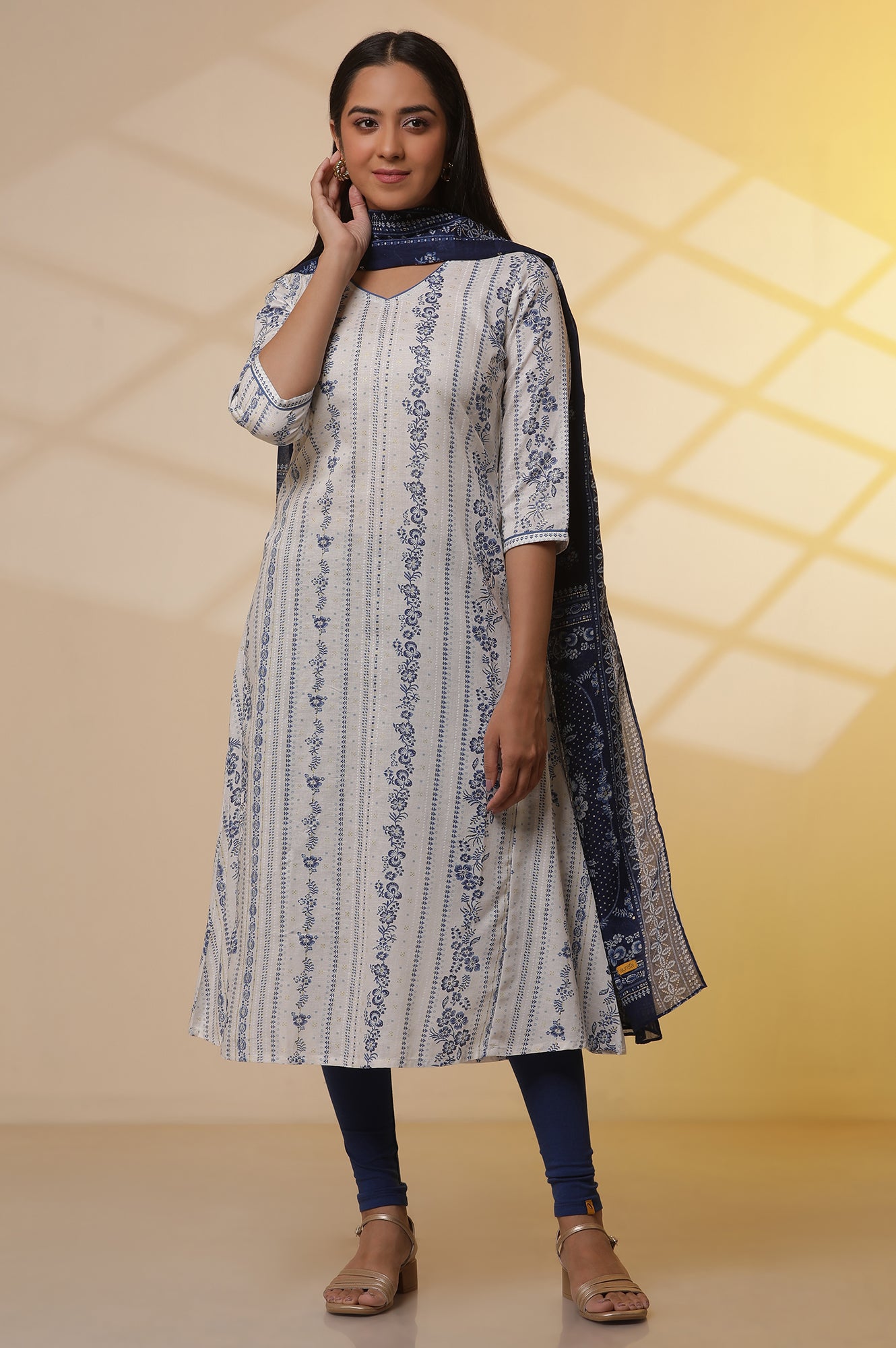 White Printed A-line Kurta, Tights and Dupatta Set