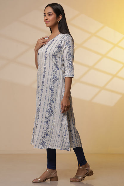 White Printed A-line Kurta, Tights and Dupatta Set